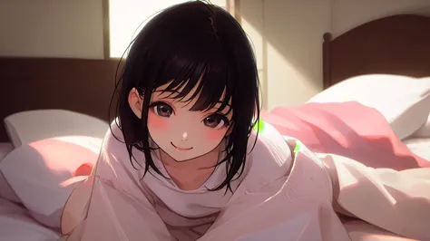 beautiful girl、black knit、on the bed、eye highlightasterpiece、high resolution、smile、black hair