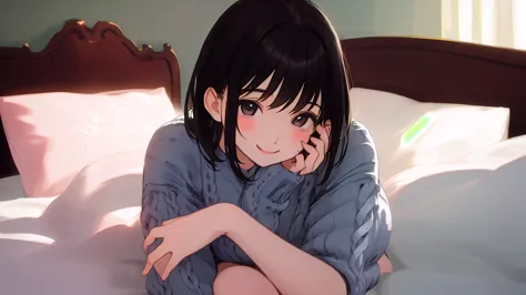 beautiful girl、Black knit、On the bed、Eye highlightasterpiece、high resolution、smile、Black Hair