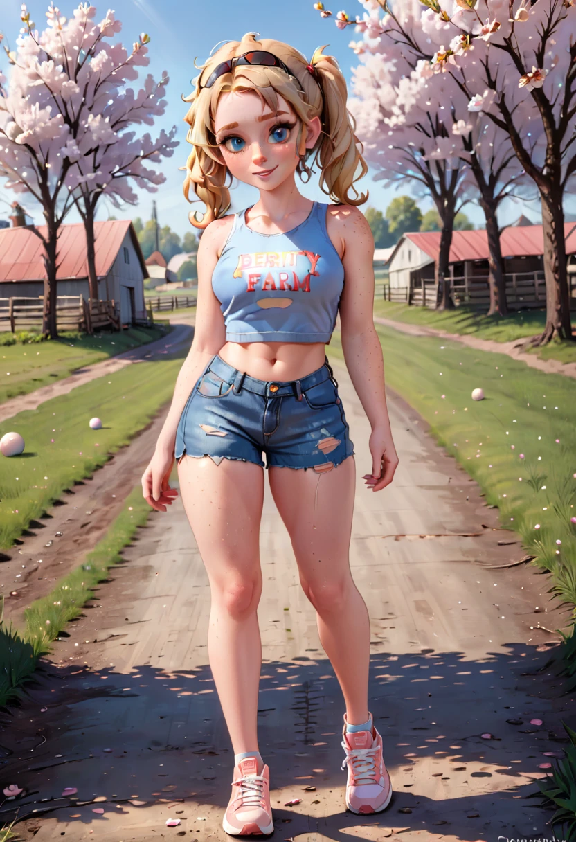 A freckled curvy strong farm tween. She is wearing a jean jack, crop top, and ripped Jean shorts, she is beautiful with low messy blonde twin tails and backwards ball cap and blue scuffed canvas sneakers. She lives on an abundant farm, ripe with harvest. Cute, perfect face, beige eyeshadow, light peach blush, coral lipgloss, athletic form, She is walking towards the camera on a lovely sunny day, pretty, pretty lighting, 8k, octane render, detailed, detailed background, 35mm, realistic, photorealistic, perfect face, cherry blossoms barrettes in hair, freckles, risqué poses, ((American face)), American, 