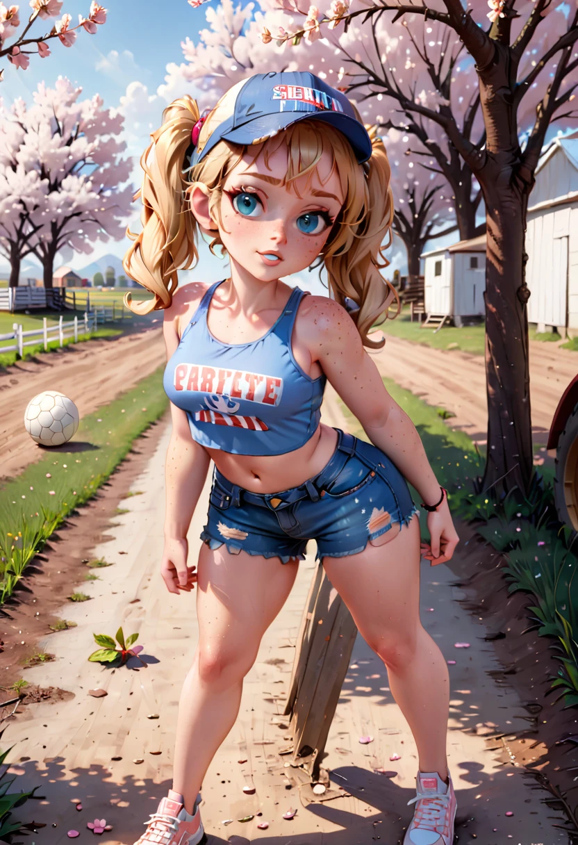 A freckled curvy strong farm tween. She is wearing a jean jack, crop top, and ripped Jean shorts, she is beautiful with low messy blonde twin tails and backwards ball cap and blue scuffed canvas sneakers. She lives on an abundant farm, ripe with harvest. Cute, perfect face, beige eyeshadow, light peach blush, coral lipgloss, athletic form, She is walking towards the camera on a lovely sunny day, pretty, pretty lighting, 8k, octane render, detailed, detailed background, 35mm, realistic, photorealistic, perfect face, cherry blossoms barrettes in hair, freckles, risqué poses, ((American face)), American, 