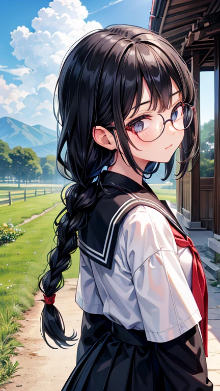 Adult features　Black Hair　1 braid　Expressionless　tall　Glasses　Black Sailor Suit　Nagoya collar　Long Skirt　Rural classroom　Cross your arms　look back