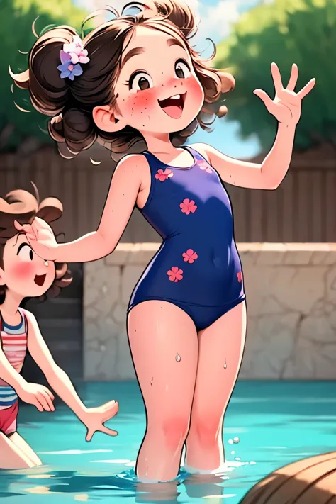 masterpiece,Highest quality,masterpiece，Highest quality，Cute doodles，Hilarious, Honor student, 10 years old，Short length，Curly Hair，長い茶色のCurly Hair，Twin tail hair，Vibrant, inquisitive eyes，freckles，Thick eyebrows，Cute Swimsuits，Open Fly，Sweat，Water Drop，Lots of splashes，Wet body，Children enjoying splashing around in a park fountain in early summer，Wet, see-through clothes，Laughing happily，Hydrangea flowers，Flower-like scent，Jojo Fashion，Children in the background，