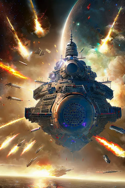 a giant battleship firing its turrets while being hit with lasers and missiles, masterpiece, epic space battle, photo realistic,...