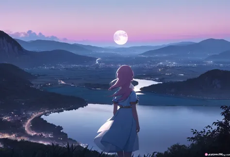 (((zoom out))),8k,((highest quality)),((high-res)),((shot from behind)),moon,she stands front of a beautiful landscape ,pastel t...