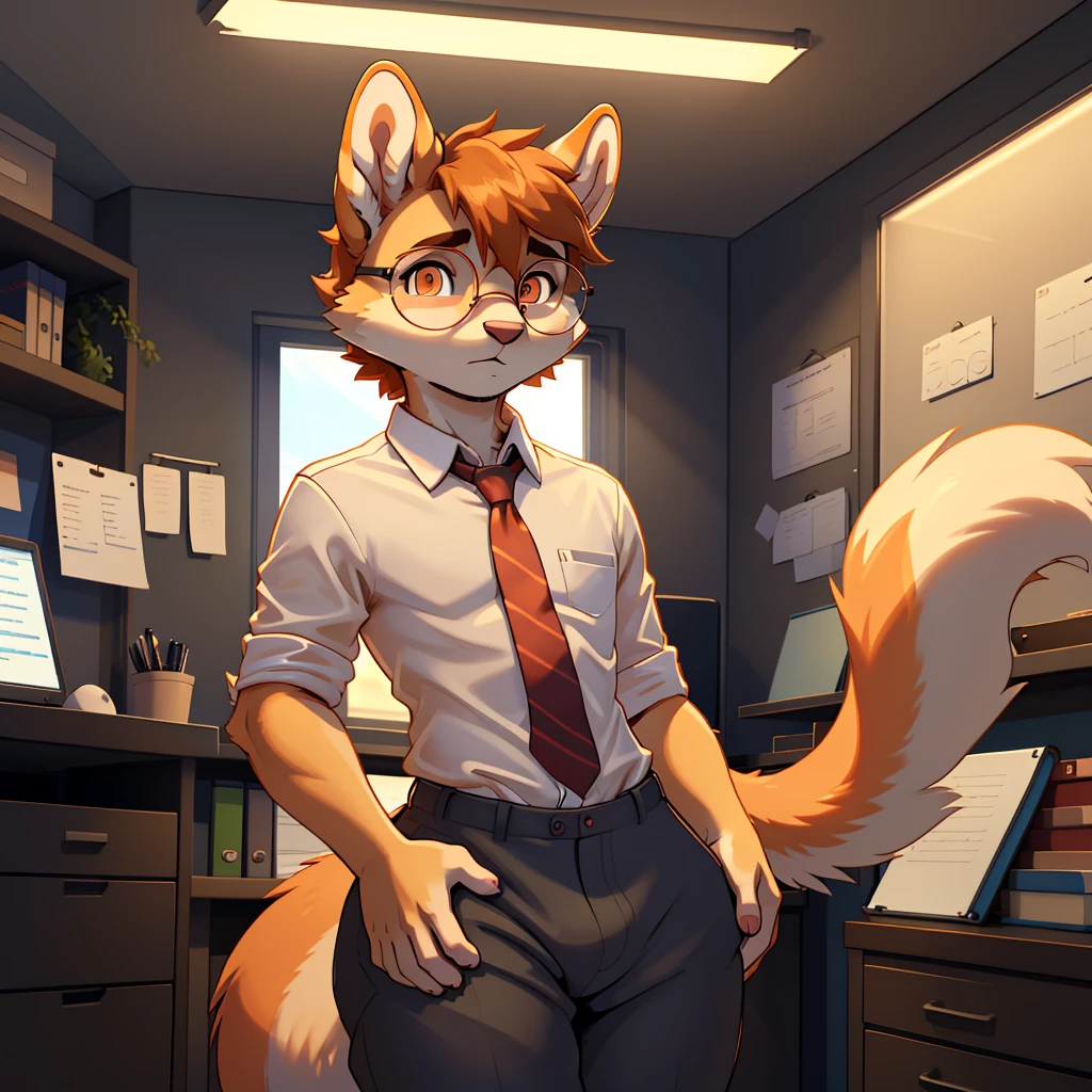 (masterpiece), (best quality), (high res) (solo), (perfect anatomy) (perfect face), squirrel, (round glasses), (orange and white fur), femenine man, (1boy), slim, (gray office shirt), orange tie) (gray pants), orange glowing in the dark eyes, worried face, wide hips, flat chest, thick things, narrow waist