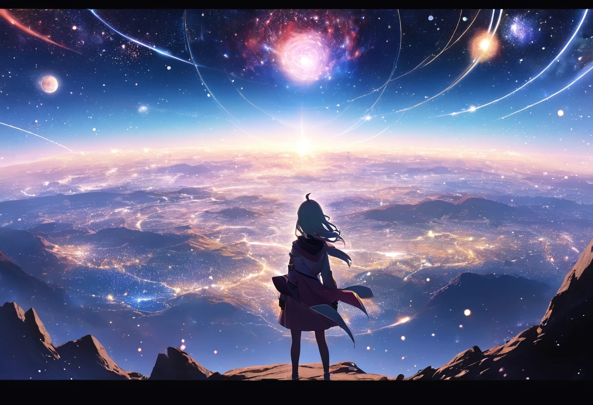 (((zoom out))),8k,((Highest quality)),((high-res)),((shot from behind)),universe,She stands front of a beautiful landscape ,pastel theme,thank you!