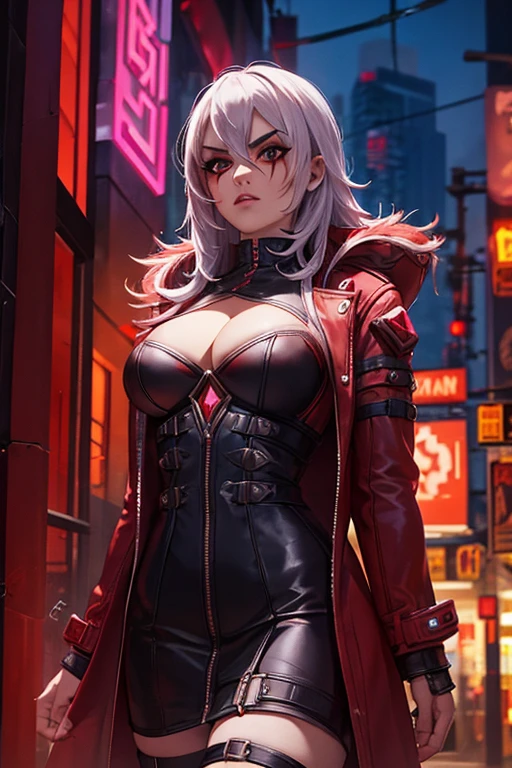 SallyWhitemane, cyberpunk, short open coat, red and black clothing, cyberpunk street in background, night time, sharp resolution, cleavage cutout, highly detailed