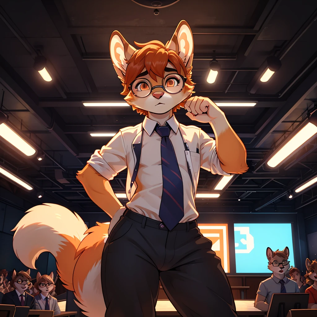 (masterpiece), (best quality), (high res) (solo), (perfect anatomy) (perfect face), squirrel, (round glasses), (orange and white fur), femenine man, (1boy), slim, (gray office shirt), orange tie) (gray pants), orange glowing in the dark eyes, worried face, wide hips, flat chest, thick things, narrow waist, in a stage playing a rainbowkeytar to a crowd