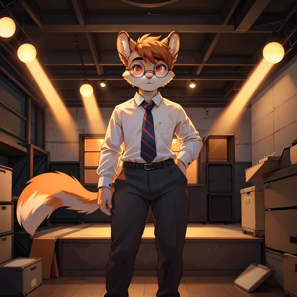 (masterpiece), (best quality), (high res) (solo), (perfect anatomy) (perfect face), squirrel, (round glasses), (orange and white fur), femenine man, (1boy), slim, (gray office shirt), orange tie) (gray pants), orange glowing in the dark eyes, worried face, wide hips, flat chest, thick things, narrow waist, in a stage playing a rainbowkeytar to a crowd