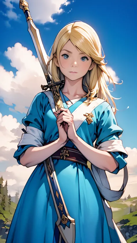 botw、link、upper body、look up、plainale、blue costume、masterpiece、highest quality、male、1 person、holding sword and shield