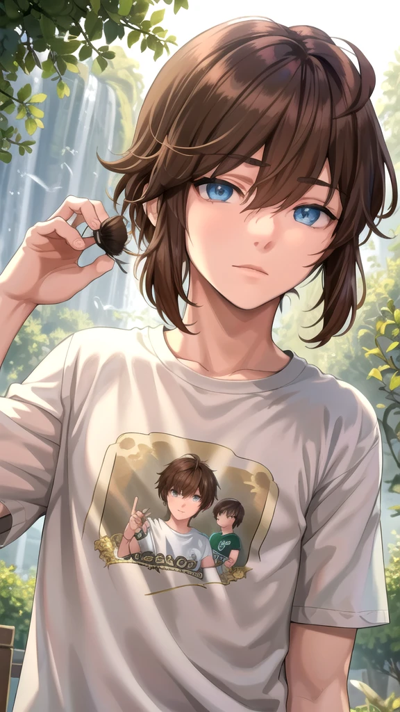 masterpiece, best quality, high quality, 1boy, solo, 14-year-old boy,male focus, looking at viewer , brown hair, old-school swoop haircut,upper body , while T-shirt,emerald eyes,