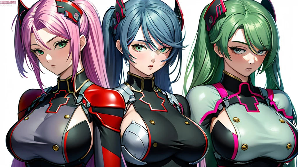 Highly detailed, anime, 3 girls, fuchsia colored hair, split-color hair, prinz eugen's hairstyle, sage-green colored hair, detailed eyes, busty, gorgeous chunky body, special agent clothes, serious expression, triplets, 3 girls