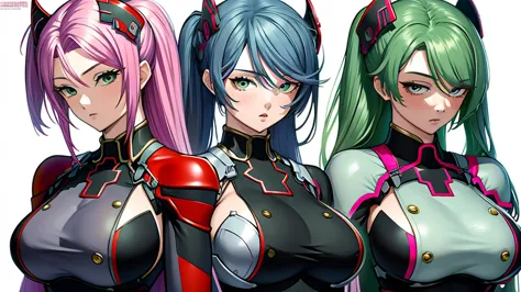 Highly detailed, anime, 3 girls, fuchsia colored hair, split-color hair, prinz eugen's hairstyle, sage-green colored hair, detai...