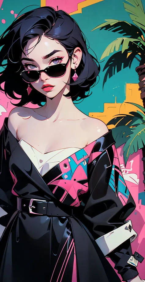 ((lisa black pink)) in a dress standing in front of simple background, up close, ((art style by patrick nagel)), ((8k, wallpaper...