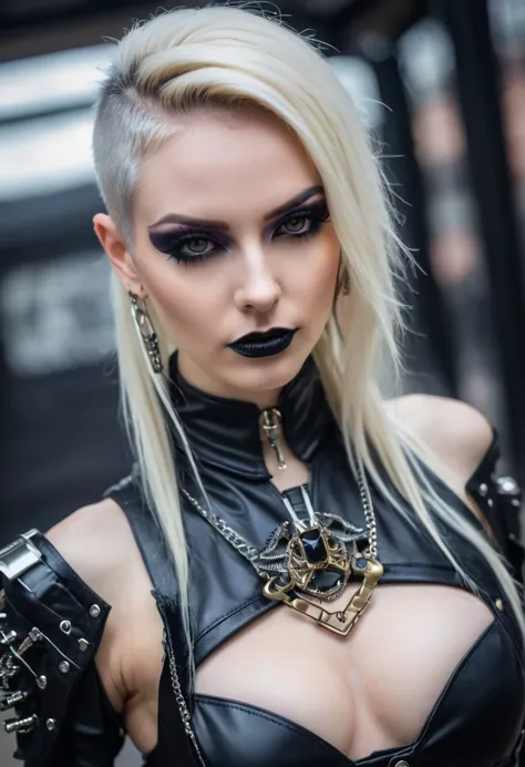 close-up photo of a woman in black open femdom clothes, full body shot, edgy and bold hairstyle, blond hair, crop top, hotpants,...