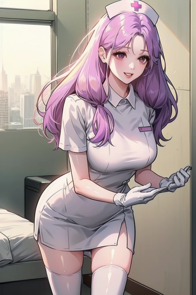 1woman, solo, nurse, nurse cap, white wear, ((white legwear, zettai ryouiki)), white gloves, long hair, purple hair, red eyes, pink lips, smile, standing, ((hospital room)), sharp outline, short sleeves, mature female, 35 years old, best quality, masterpiece