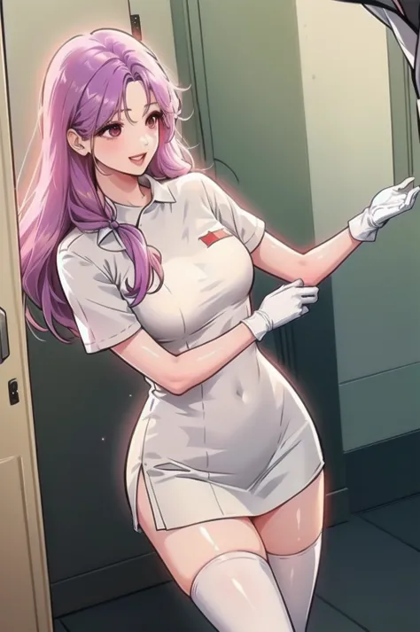 1woman, solo, nurse, nurse cap, white wear, ((white legwear, zettai ryouiki)), white gloves, long hair, purple hair, red eyes, p...