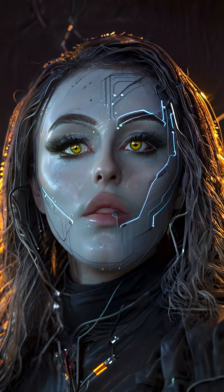 dégâts de combat , Bras manquant ,yeux jaune vif, ultra-détaillé,couleurs vives,science-fiction,portrait,Éclairage dramatique,traits du visage détaillés,fond sombre,cheveux longs,yeux brillants,vêtements futuristes,visage sans expression,texture métallique,reflets brillants,Contraste élevé,couleurs éclatantes,thème de l&#39;intelligence artificielle,netteté,éléments technologiques,ombres et reflets,lueur éthérée,néons,atmosphère orageuse,cadre d&#39;un autre monde,composition non conventionnelle,lignes nettes,Design élégant,atmosphère mystérieuse,beauté surnaturelle,améliorations numériques,technologie avancée,circuits lumineux,fond abstrait,présence inquiétante,reflets subtils,pose énergique,point de vue unique,effet de raccourci,composition symétrique,présence imposante,Énergie dynamique,impact visuel saisissant,superpositions translucides,fusion organique et mécanique.