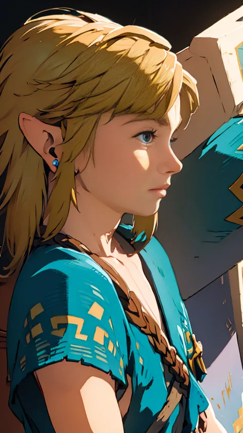 botw、profile、link、upper body、look up、plainale、blue costume、masterpiece、highest quality、male体型、master sword、1 person、