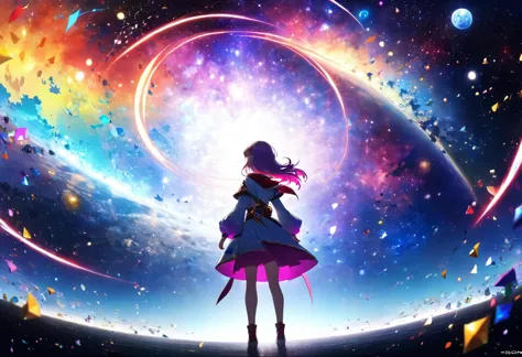 (((zoom out))),8k,((Highest quality)),((high-res)),((shot from behind)),universe,She stands front of a magical world ,colorful t...