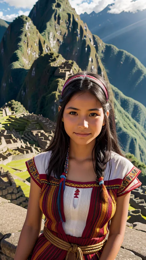 Native american Inca young lady, photo realistic, sharp focus, machu Picchu background, evening sunshine, slight smile, clouds a...