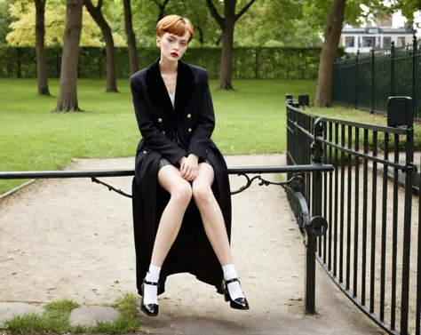 there is a woman sitting on a fence with her legs crossed, in style of alasdair mclellan, in style of nan goldin, alexandra fomi...