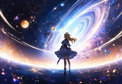 (((zoom out))),8k,((Highest quality)),((high-res)),((shot from behind)),universe,She stands front of a magical world ,milky them...