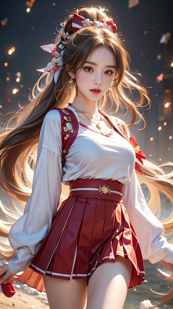 (, high resolution, Ultra Detailed, nffsw), On the table, best quality, SAMA1, Tira, Sailor warrior, White gloves, Red sailor collar, Red Skirt, Star necklace, Elbow groove, Pleated Skirt, Bare legs, Purple bow, Cowboy photoshoot, outdoor, Bokeh (85mm lens), Front camera, Gentle expression, wind blowing hair, fluffy hair, hair ((Brown)), Ponytail, Casual hairstyles, Blonde hair, Mole under left eye, Perfect body, Big breasts, Large Breasts, Top quality wearing hair ribbons, Earrings of top quality,