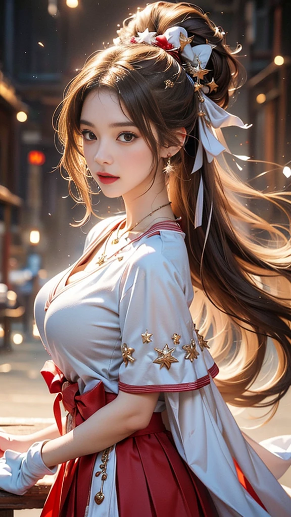 (, high resolution, Ultra Detailed, nffsw), On the table, best quality, SAMA1, Tira, Sailor warrior, White gloves, Red sailor collar, Red Skirt, Star necklace, Elbow groove, Pleated Skirt, Bare legs, Purple bow, Cowboy photoshoot, outdoor, Bokeh (85mm lens), Front camera, Gentle expression, wind blowing hair, fluffy hair, hair ((Brown)), Ponytail, Casual hairstyles, Blonde hair, Mole under left eye, Perfect body, Big breasts, Large Breasts, Top quality wearing hair ribbons, Earrings of top quality,