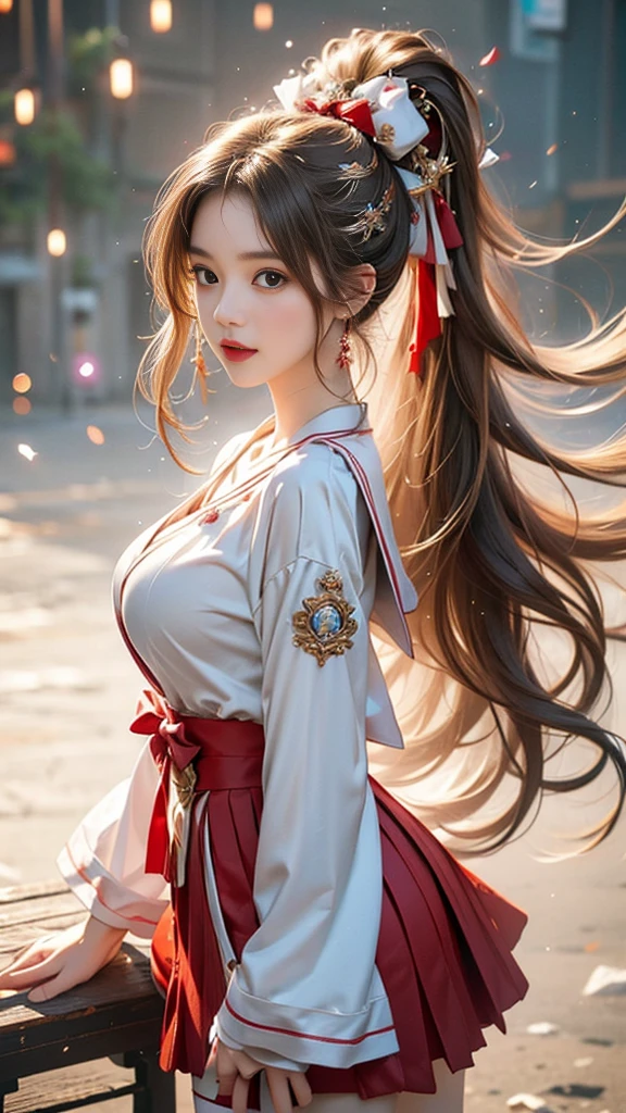 (, high resolution, Ultra Detailed, nffsw), On the table, best quality, SAMA1, Tira, Sailor warrior, White gloves, Red sailor collar, Red Skirt, Star necklace, Elbow groove, Pleated Skirt, Bare legs, Purple bow, Cowboy photoshoot, outdoor, Bokeh (85mm lens), Front camera, Gentle expression, wind blowing hair, fluffy hair, hair ((Brown)), Ponytail, Casual hairstyles, Blonde hair, Mole under left eye, Perfect body, Big breasts, Large Breasts, Top quality wearing hair ribbons, Earrings of top quality,