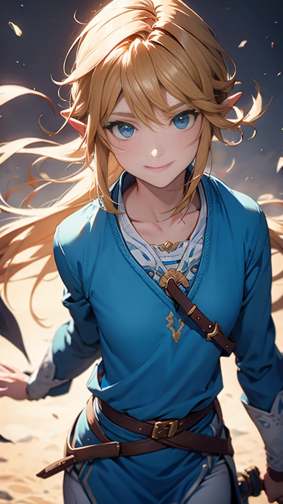 botw、Link、Upper Body、look up、Plainale、Blue Costume、Masterpiece、Highest quality、male、Flowing Hair、smile、Master Sword