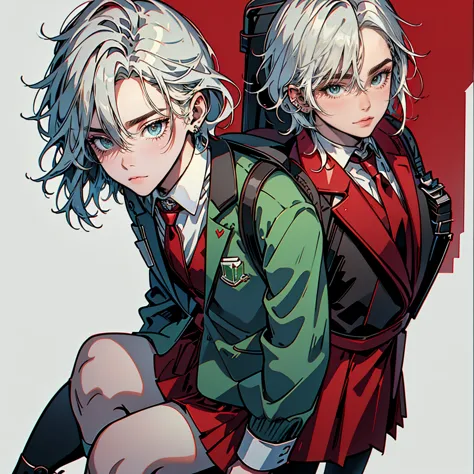 17 year old teenage girl with serious expression short wavy white hair bright blue eyes wearing a gray blazer red tie green skir...