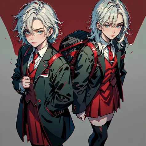 17 year old teenage girl with serious expression short wavy white hair bright blue eyes wearing a gray blazer red tie green skir...