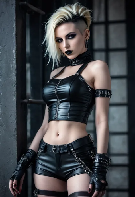 close-up photo of a woman in black open femdom clothes, full body shot, edgy and bold hairstyle, blond hair, crop top, hotpants,...