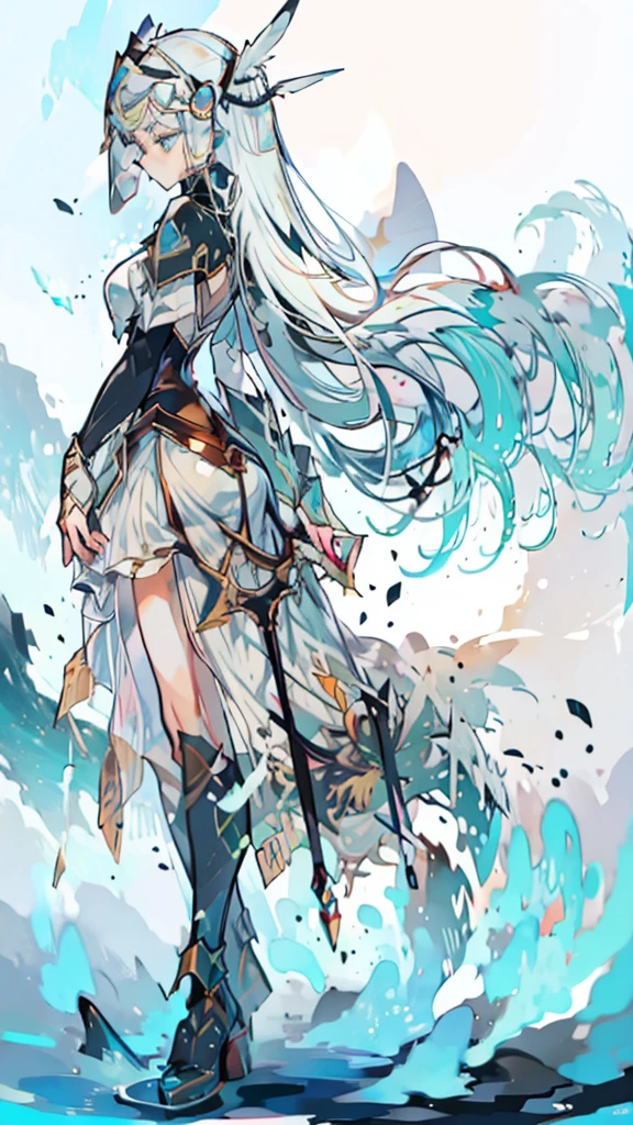 Masterpiece, Highest quality)), Detailed face, character design sheet， full bodyesbian, Full of details, frontal body view, back body view, Anime, 1 winged black-skinned girl, Ebony skinned, mega ponytail hairstyle, pure white hair, Sea BLUE eyes, busty, valkyrie's winged helmet, white valkyrie's armor, pit black Long large skirt, white gauntlets, white Boots, Ebony skin, serious face, large wings, action pose, extremely Large wings