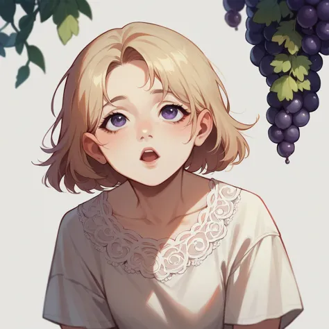 Grapes of various colors are hanging、Girl looking up at it。Wearing a white lace skirt。The overall look is fantastic with pastel ...