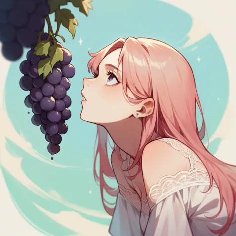 grapes of various colors are hanging、girl looking up at it。wearing a white lace skirt。the overall look is fantastic with pastel ...