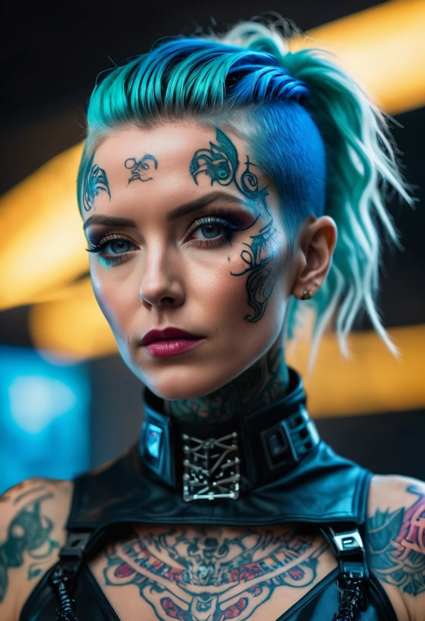 bella fotografía, tiro de ángulo bajo, detalles intrincados, Foto de cuerpo completo de una mujer islandesa., Edad 32 años, con rasgos de peinado cyberpunk vestido con un traje cibernético con poca ropa, tatuajes de hechizos reales, Frente a la cámara, angelical oscuro, al estilo de la alta costura, superficies absolutamente lujosas, colores vívidos, una fascinante mezcla de luces y sombras, texturas naturales únicas,