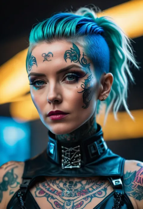 Beautiful photograph, low angle shot, intricate details, full body shot of a Icelandic woman, age 32, with cyberpunk hairstyle f...