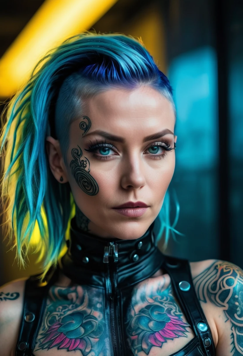 bella fotografía, tiro de ángulo bajo, detalles intrincados, Foto de cuerpo completo de una mujer islandesa., Edad 32 años, con rasgos de peinado cyberpunk vestido con un traje cibernético con poca ropa, tatuajes de hechizos reales, Frente a la cámara, angelical oscuro, al estilo de la alta costura, superficies absolutamente lujosas, colores vívidos, una fascinante mezcla de luces y sombras, texturas naturales únicas,