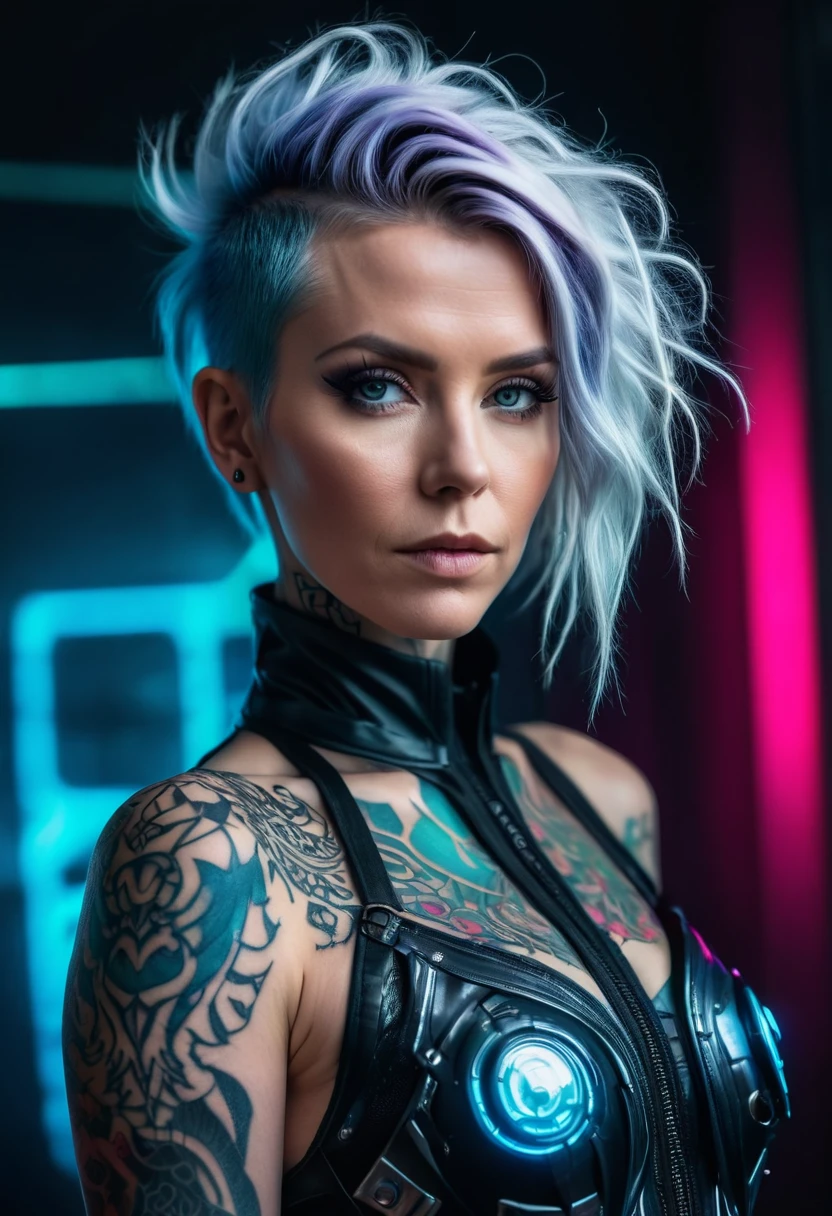 belle photo, prise de vue en contre-plongée, détails complexes, photo du corps entier d&#39;une femme islandaise, 32 ans, avec des traits de coiffure cyberpunk vêtus d&#39;une tenue cybernétique légèrement vêtue, tatouages de vrais sorts, Face à la caméra, angélique sombre, dans le style de la haute couture, des surfaces absolument somptueuses, Couleurs vives, un mélange fascinant de lumière et d&#39;ombre, textures naturelles uniques,