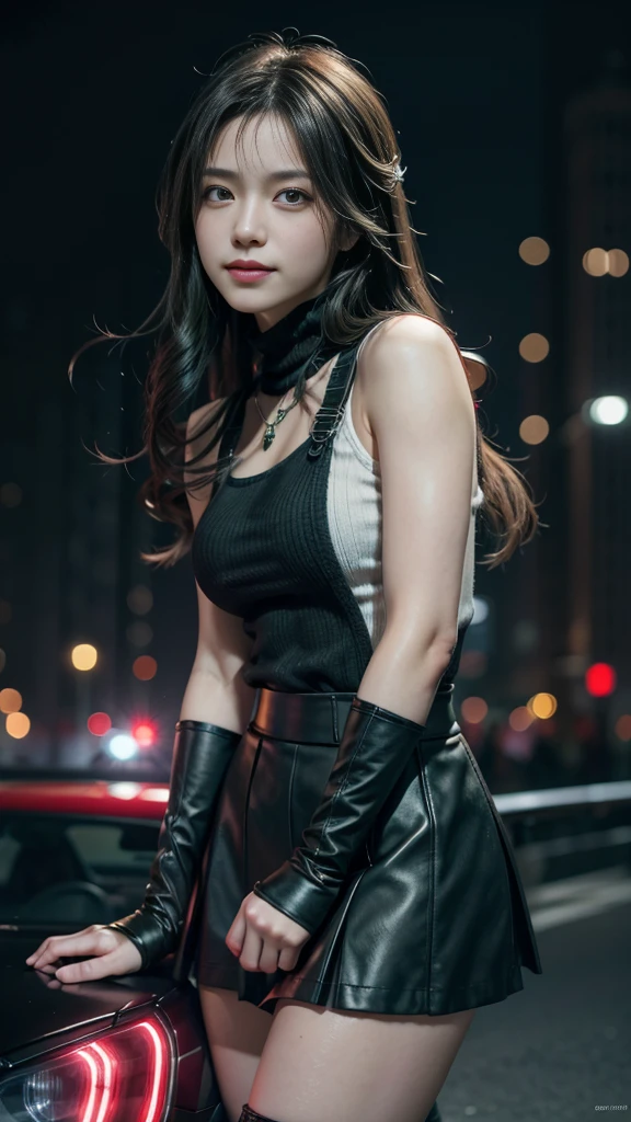 (8K, best quality, masterpiece: 1.2), (Practical, Reality: 1.37), Super Detail, A girl, Lovely, Solitary, (tifa lockhart), (Small Breasts), (Beautiful Eye), (Smile: 1.2), (closure), posture, dance, neon, city View, Depth of Field, Dark intense shadows, Clear focus, car, Motion Blur, Motorcycle, Depth of Field, work, Glowing green, Final Fantasy VII, date, (nose brush), single Elbow pads, Ankle boots, Black Hair, Black skirt, black thighs, Red boots, Elbow gloves, Elbow pads, Fingerless gloves, Tight shirt, Good exercise, (suspender Black skirt), thigh, White vest, whole body, headrest, Lips, Pretty Face, Low-tied long hair, (Red_Eye)), Flowers, (night: 1.3), complicated, bokeh, light, Photon Mapping, Radiosity, Physically Based Rendering, (Tetsuya Nomura style)