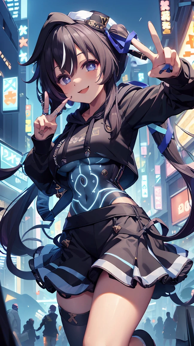 masterpiece, Highest quality, High resolution, Very detailed,(((Viblos wearing a black hoodie))), (((peace sign))), (((smile))), Black Skirt, Outdoor, Glitch