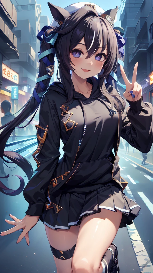 masterpiece, Highest quality, High resolution, Very detailed,(((Viblos wearing a black hoodie))), (((peace sign))), (((smile))), Black Skirt, Outdoor, Glitch