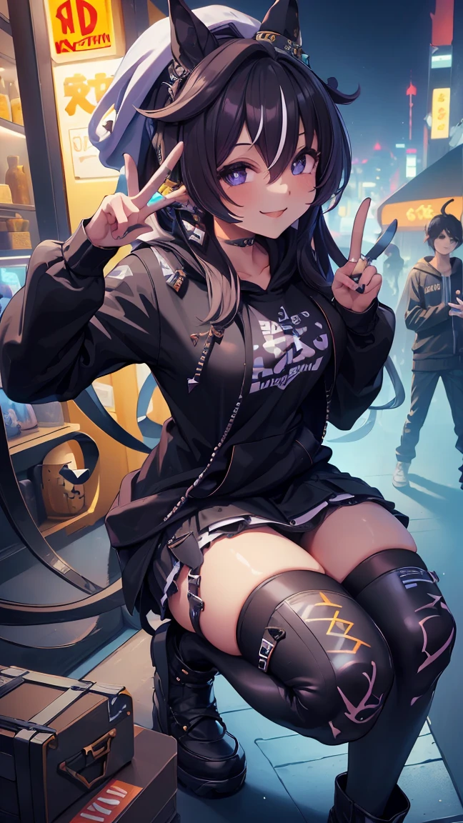 masterpiece, Highest quality, High resolution, Very detailed,(((Viblos wearing a black hoodie))), (((peace sign))), (((smile))), Black Skirt, Outdoor, Glitch