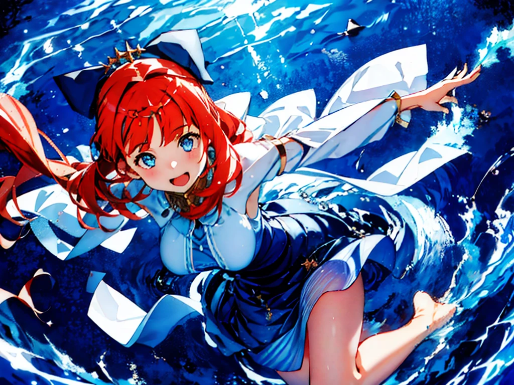 Extremely detailed representation，high quality，16K、8K、high resolution、masterpiece、1 Girl、Please open your mouth wide、Please laugh out loud、Beautiful Teeth,Look up at the starry sky,Floating on the surface of the water,Floating on water,stars shining on the water surface,Calm water surface,White Dress,Redhead