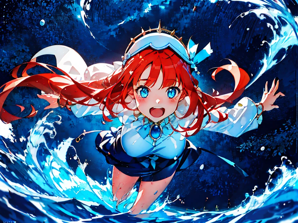 Extremely detailed representation，high quality，16K、8K、high resolution、masterpiece、1 Girl、Please open your mouth wide、Please laugh out loud、Beautiful Teeth,Look up at the starry sky,Floating on the surface of the water,Floating on water,stars shining on the water surface,Calm water surface,White Dress,Redhead