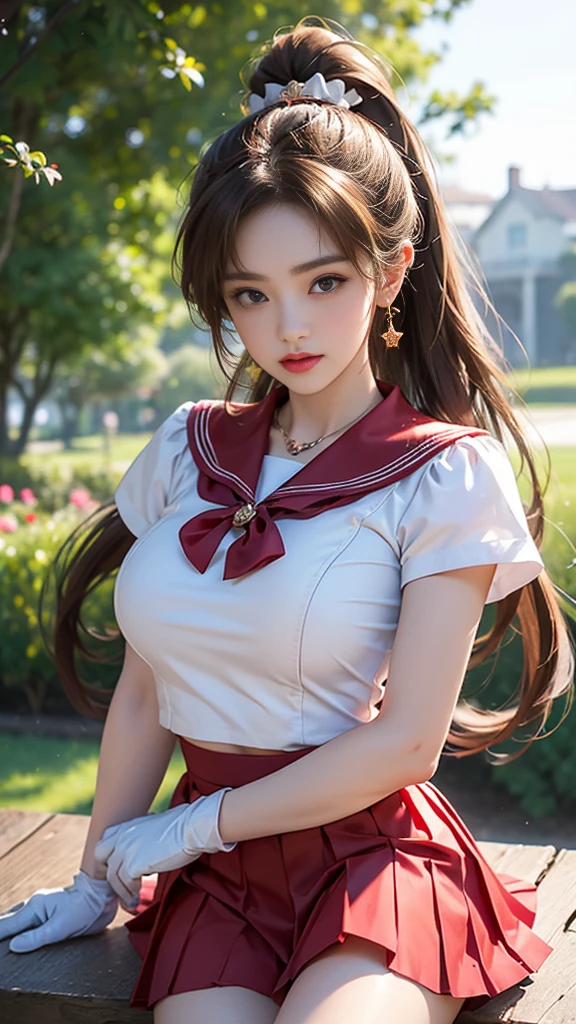 (, high resolution, Ultra Detailed, nffsw), On the table, best quality, SAMA1, Tira, Sailor warrior, White gloves, Red sailor collar, Red Skirt, Star necklace, Elbow groove, Pleated Skirt, Bare legs, Purple bow, Cowboy photoshoot, outdoor, Bokeh (85mm lens), Front camera, Gentle expression, wind blowing hair, fluffy hair, hair ((Brown)), Ponytail, Casual hairstyles, Blonde hair, Mole under left eye, Perfect body, Big breasts, Large Breasts, Top quality wearing hair ribbons, Earrings of top quality,
garden，