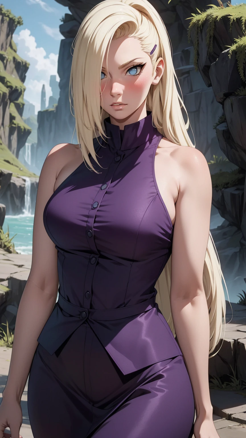 {-erro_de_anatomia:1.0} estilo anime, Masterpiece, absurdities, Yamanaka Ino\(Naruto\), 1girl Solo, woman, Perfect composition, Detailed lips, Beautiful face, body proportion, Blush, Long blonde hair, blue eyes, purple blouse, purple pant, Soft gauze, Super realistic, Detailed, photo shoot, Realistic faces and bodies, masterpiece, best quality, best illustration, hyper detailed, 1 woman, solo, glamorous, blushing, upper body, fighting, on nature, look at the view, dimanic poses,