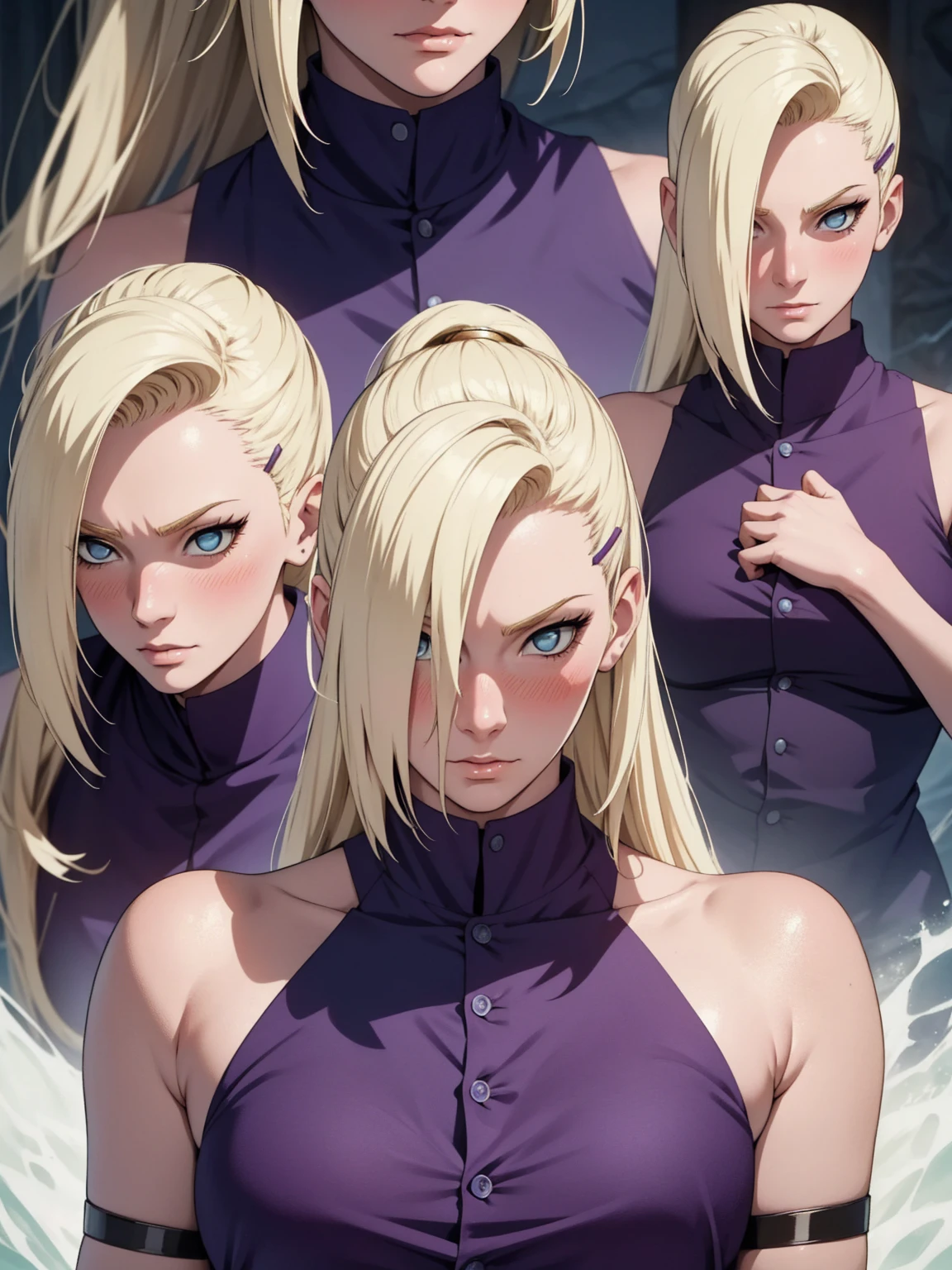 {-erro_de_anatomia:1.0} estilo anime, Masterpiece, absurdities, Yamanaka Ino\(Naruto\), 1girl Solo, woman, Perfect composition, Detailed lips, Beautiful face, body proportion, Blush, Long blonde hair, blue eyes, purple blouse, purple pant, Soft gauze, Super realistic, Detailed, photo shoot, Realistic faces and bodies, masterpiece, best quality, best illustration, hyper detailed, 1 woman, solo, glamorous, blushing, upper body, fighting, on nature, look at the view, dimanic poses,